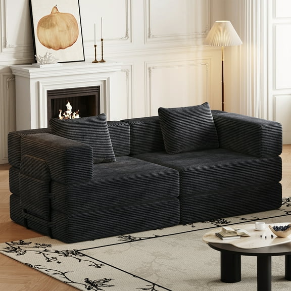 NeoKo72.4"Floor Sofa Bed with Cushions, Comfortable Convertible Folding Mattress Sofa, Corduroy Upholstered Molded Sofa, No Installation Required, Space-Saving Folding Sofa for Living Rooms, Black