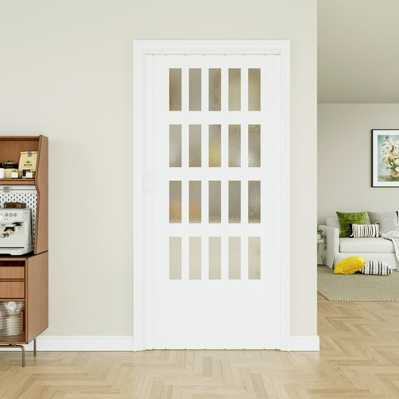 36 x 80 4-Lite Acrylic Glass Dual Layer Accordion Door for Doorway, for Opening Width 24"-36", Strong Magnet Folding Door, Trimmable Height&Width,Room Divider for Pantry Laundry RV, White