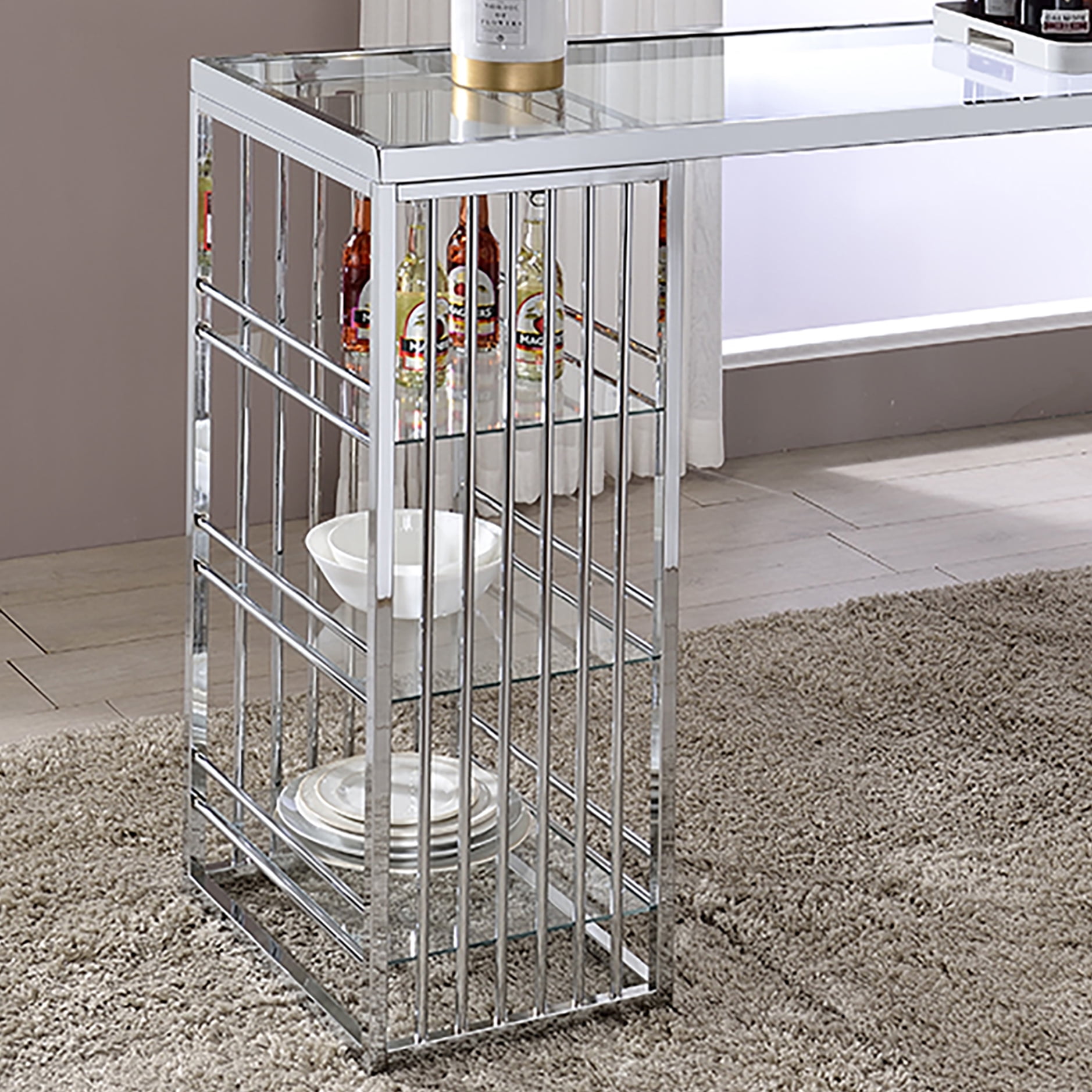Furniture of America Towla Indoor Contemporary Glass Bar Table, Silver/Clear