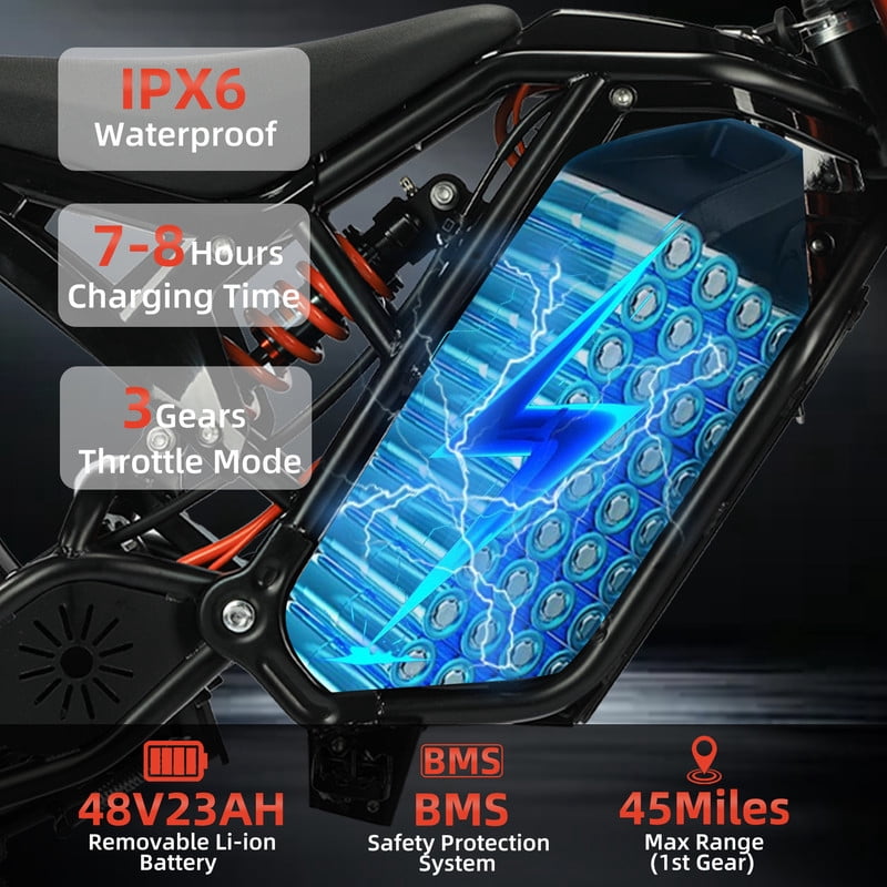 3000W(Peak)37MPH Electric Dirt Bike for Adult Teens,48V23AH Electric Motorcycle, 14"/12" all terrain off road bicycles,Hydraulic Disc Brakes UL2849
