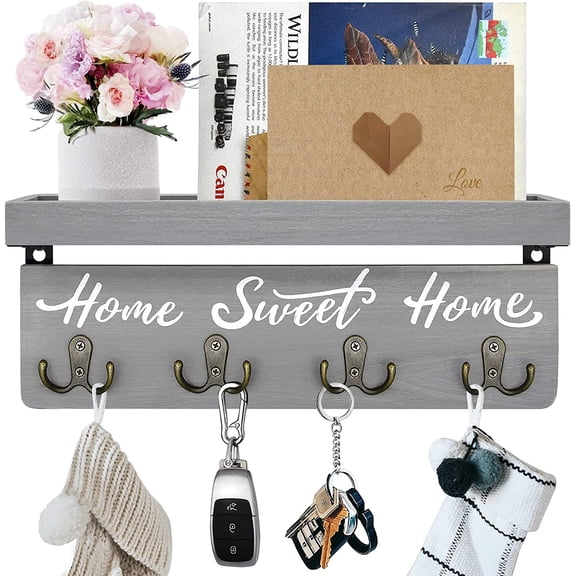 Key Holder Wall Mount with 4 Double Hooks-Solid Wood Wall-Mounted Organizer for Keys&Mail Rustic Rack Hanger Home Decor Entryway Living Room (Gray)