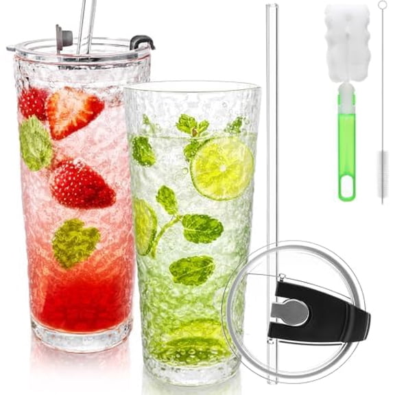 2 Pack Glass Tumblers with Lids and Straws, 18 Oz High Borosilicate Iced Coffee Cup, Leak-Proof Reusable Drinking Cups for Smoothies, Tea, Juice, Milk, Hot/Cold Beverages