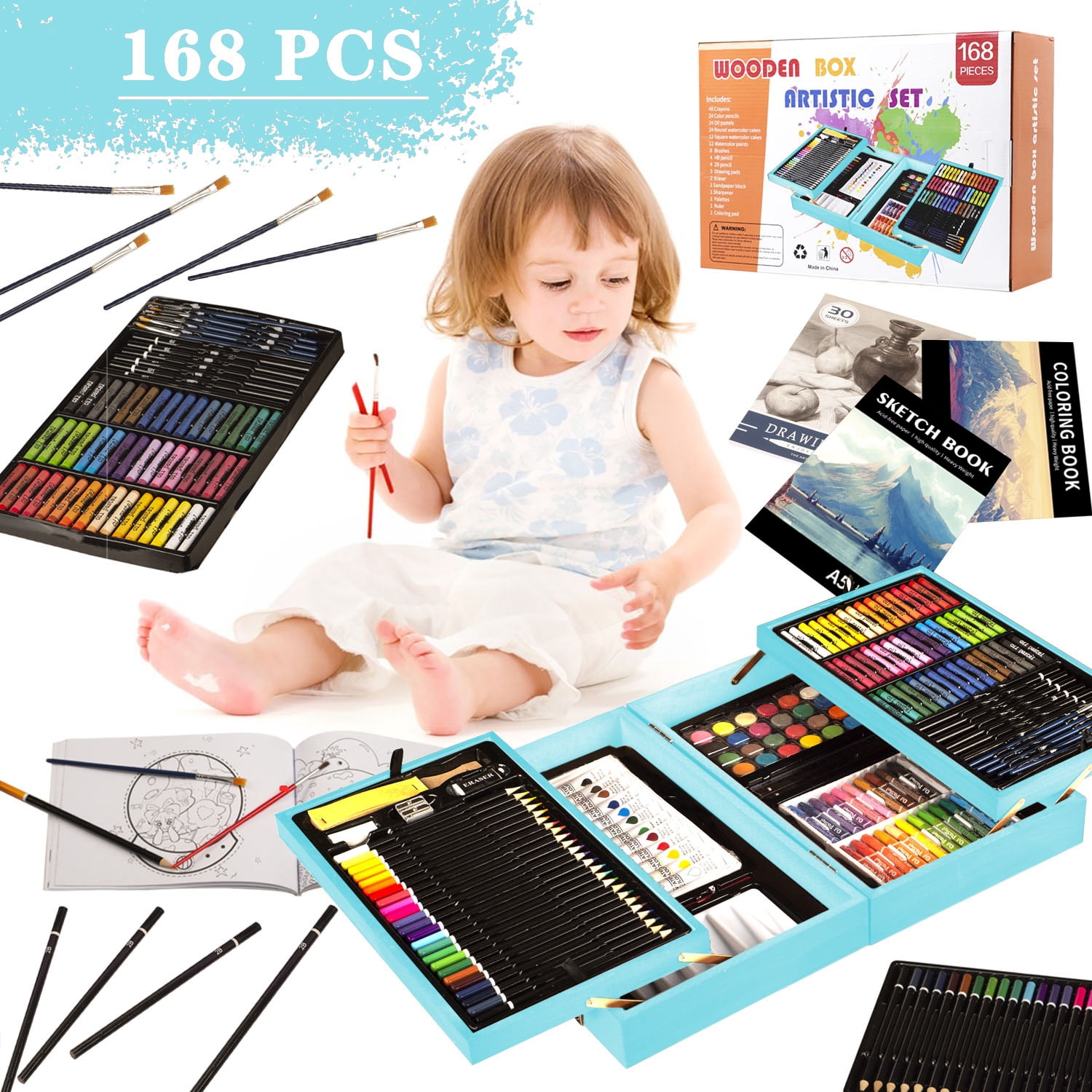 KINSPORY 168Pcs Drawing Painting Set, Deluxe Wooden Art Set Crafts Coloring Book, Sketch Pad, Gift for Artist Beginners Kids Girls Boys (Blue)