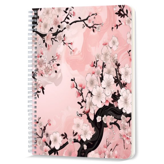 Spiral Notebook,Double-Wire Spiral College Lined Journal Notebook for Study and Notes,100 Pages,5.71x 8.26 in - Cherry Blossom Pattern on a Pink Background