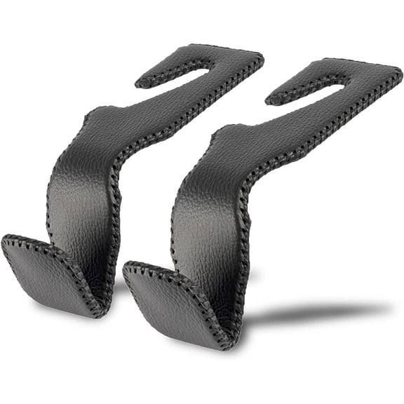 Black Superior Leather Car Seat Back Headrest Hooks, Auto Seat Hook Hangers Interior Accessories for Purse Coats Umbrellas Grocery Bags Handbag, 2-Pack
