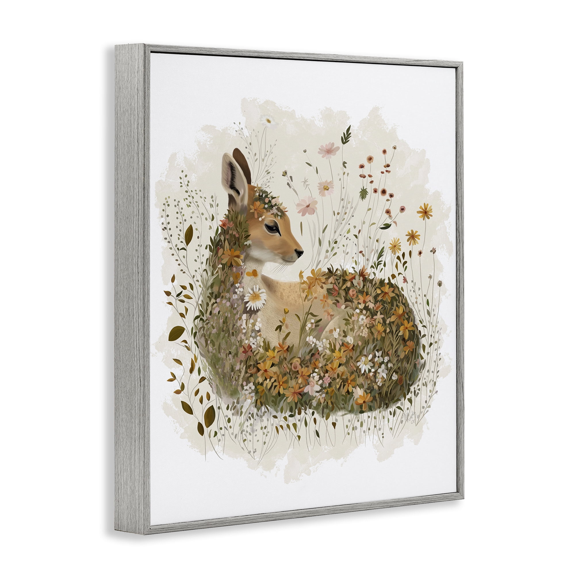 Stupell Industries Daisy & Wildflower Fawn Animals & Insects Painting Gray Framed Art Print Wall Art, 16 x 20