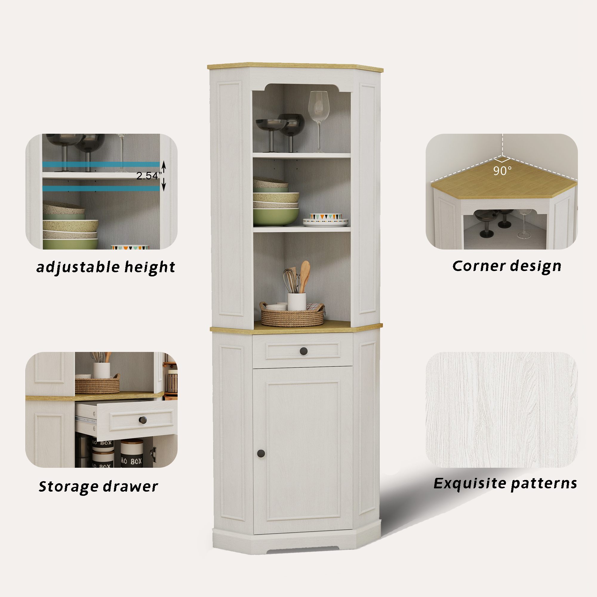HOQBN 68" Tall Corner Cabinet,Freestanding Storage Cabinet with 1 Door, 1 Drawer & Adjustable Shelf,Farmhouse Bar Cabinet for Living Room, Dining room,Antique White