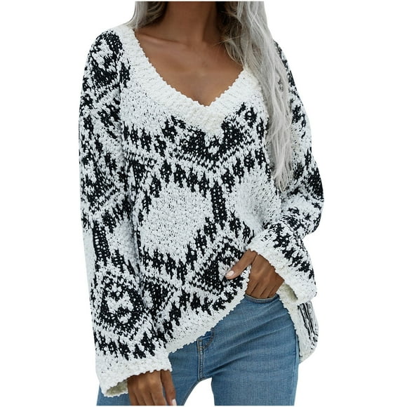 Babysbule Sweaters for Women Clearance Women's Casual Long Sleeve Loose V-Neck Rhombus Pattern Sweater Pullover