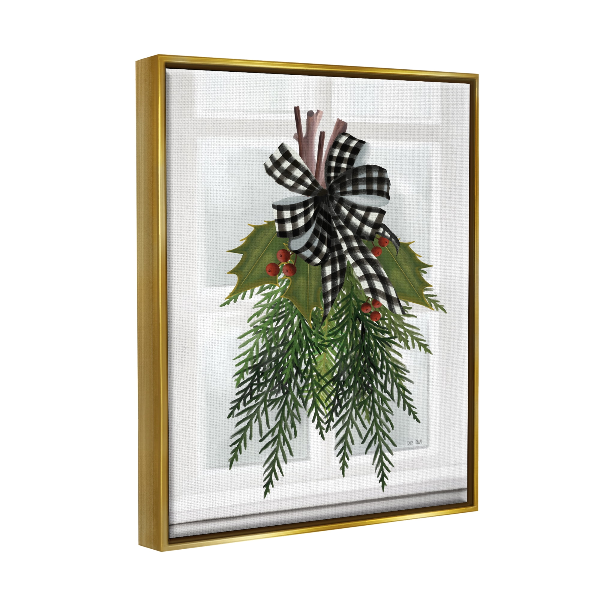Stupell Industries Hanging Holly Botanicals Mistletoe Seasonal Winter Flowers Graphic Art Metallic Gold Floating Framed Canvas Print Wall Art, Design by House Fenway