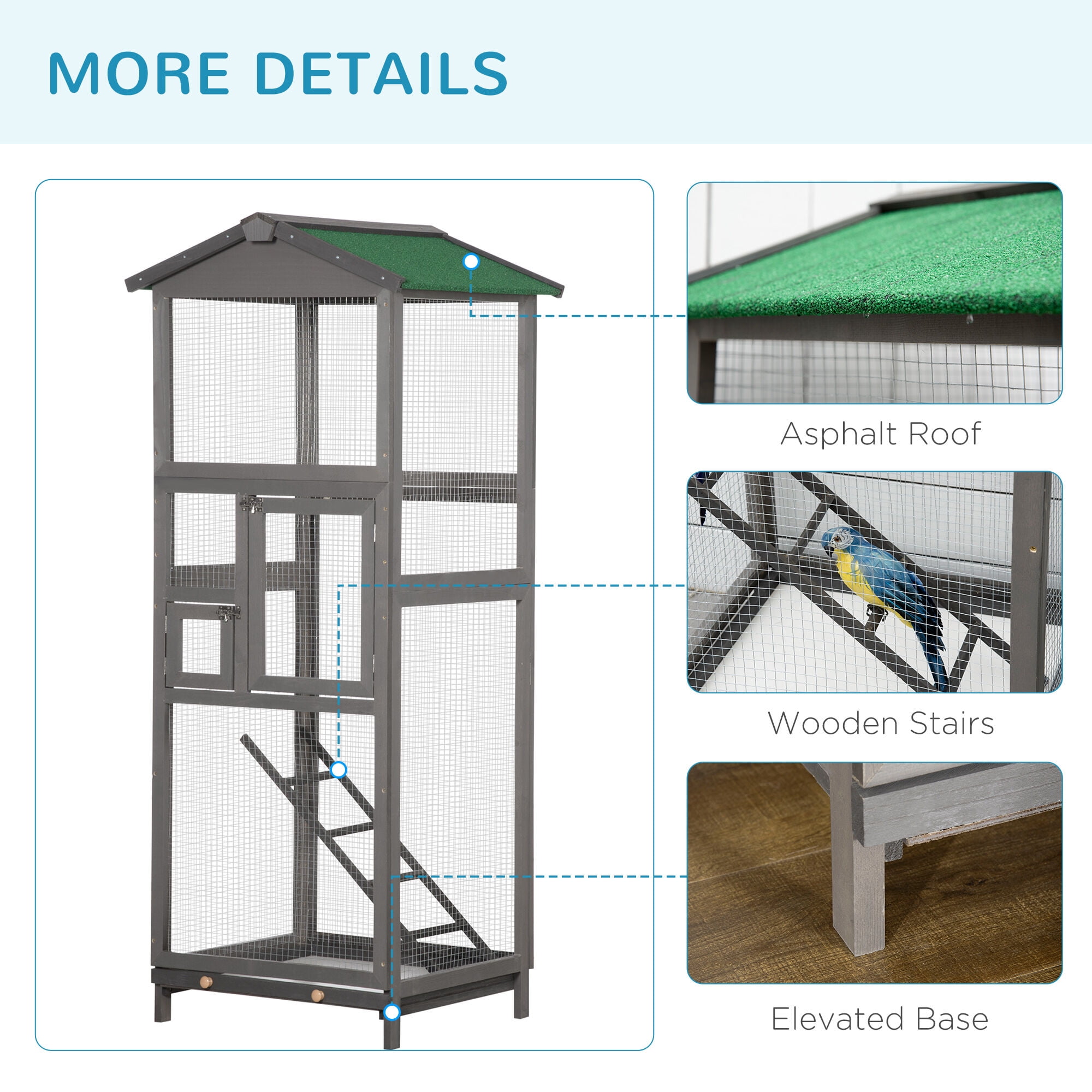Dog Crate, PawHut 65" Wooden Bird Cage Outdoor Aviary House for Parrot, Parakeet, with Pull Out Tray and 2 Doors, Grey, Gray Pet Playpen,Wood Chicken Coop, Pet Supplies Pens & Hutches