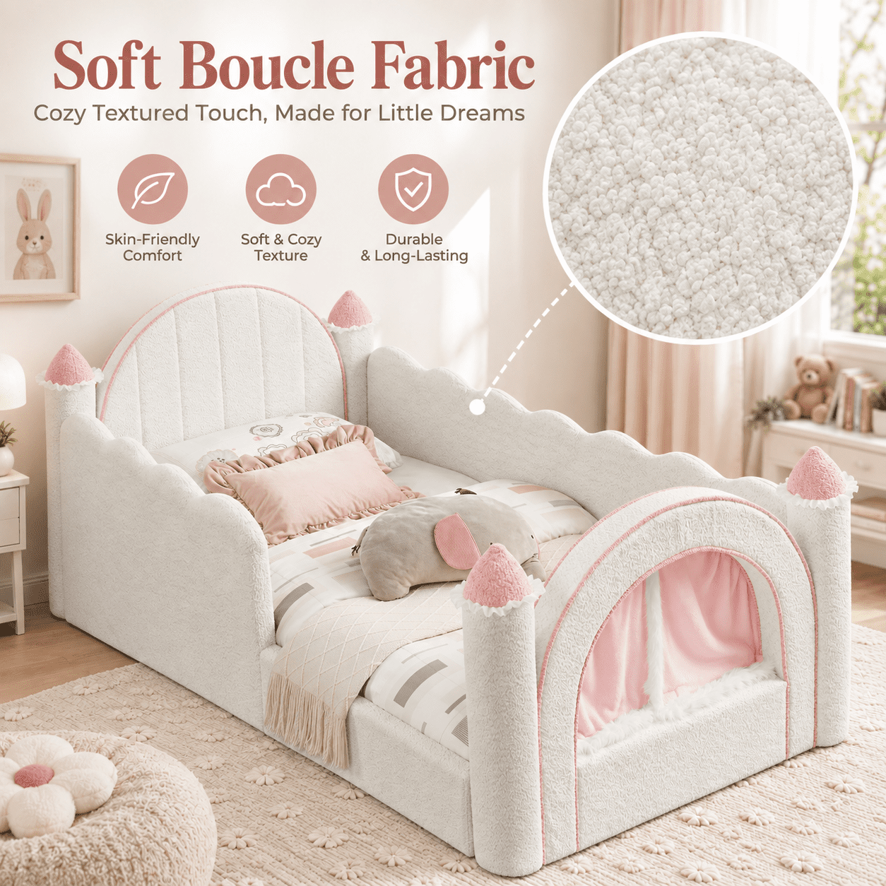 Wakefit Twin Size Castle Bed with Safety Guardrails & Curtain,Boucle Upholstered Kids Bed Solid Wood Frame,Cute Daybed for Bedroom,White