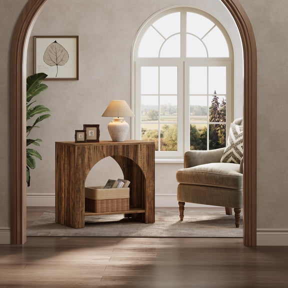 27.56" Farmhouse End Table with Storage Shelf, Rectangular Side Table with Pedestal Base for Living Room Bedroom