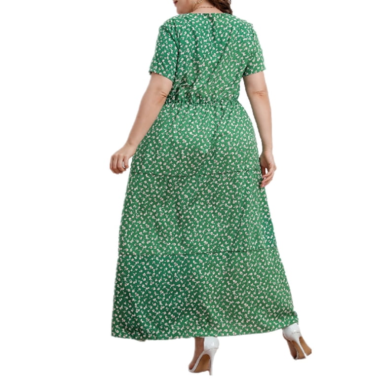 Women's Plus Size V-Neck Maxi Dress: Flowy Boho Elegance for Vacations & Garden Soirees DressDark Green White flowers,2XL