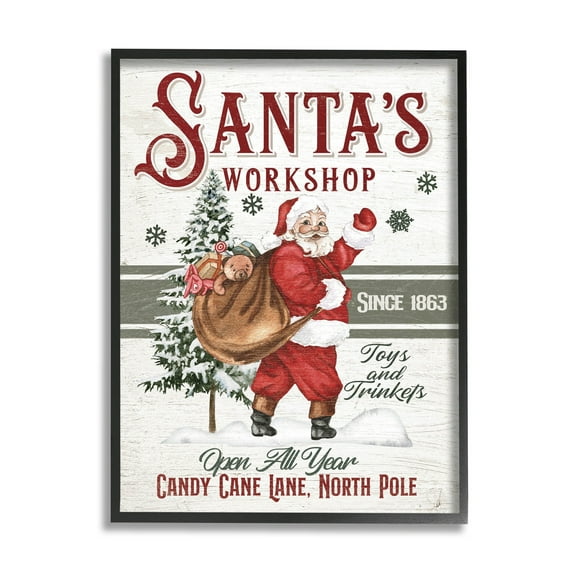 Santa's Workshop Weathered Vintage Sign Holiday Graphic Art Black Framed Art Print Wall Art