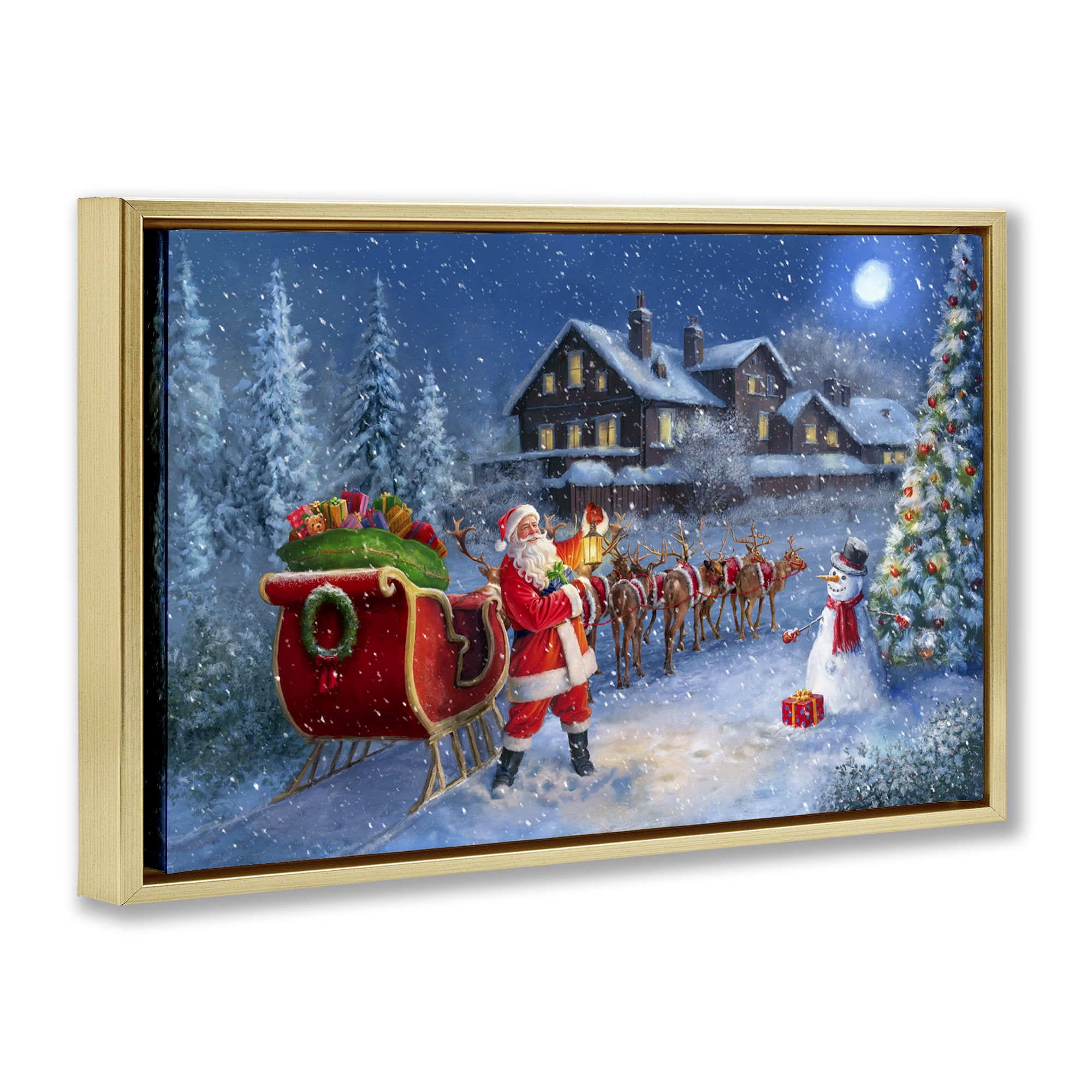 Stupell Industries Santa's Sleigh & Lantern Holiday Painting Gold Floater Framed Canvas Art Prints Wall Art, 31 x 21