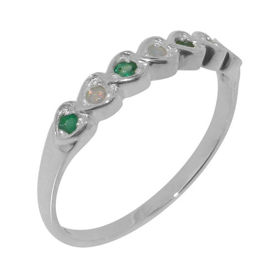 LBG British Made 9k White Gold Womens Ring Natural Opal & Emerald Eternity Ring - 33 size options - Size 7.5