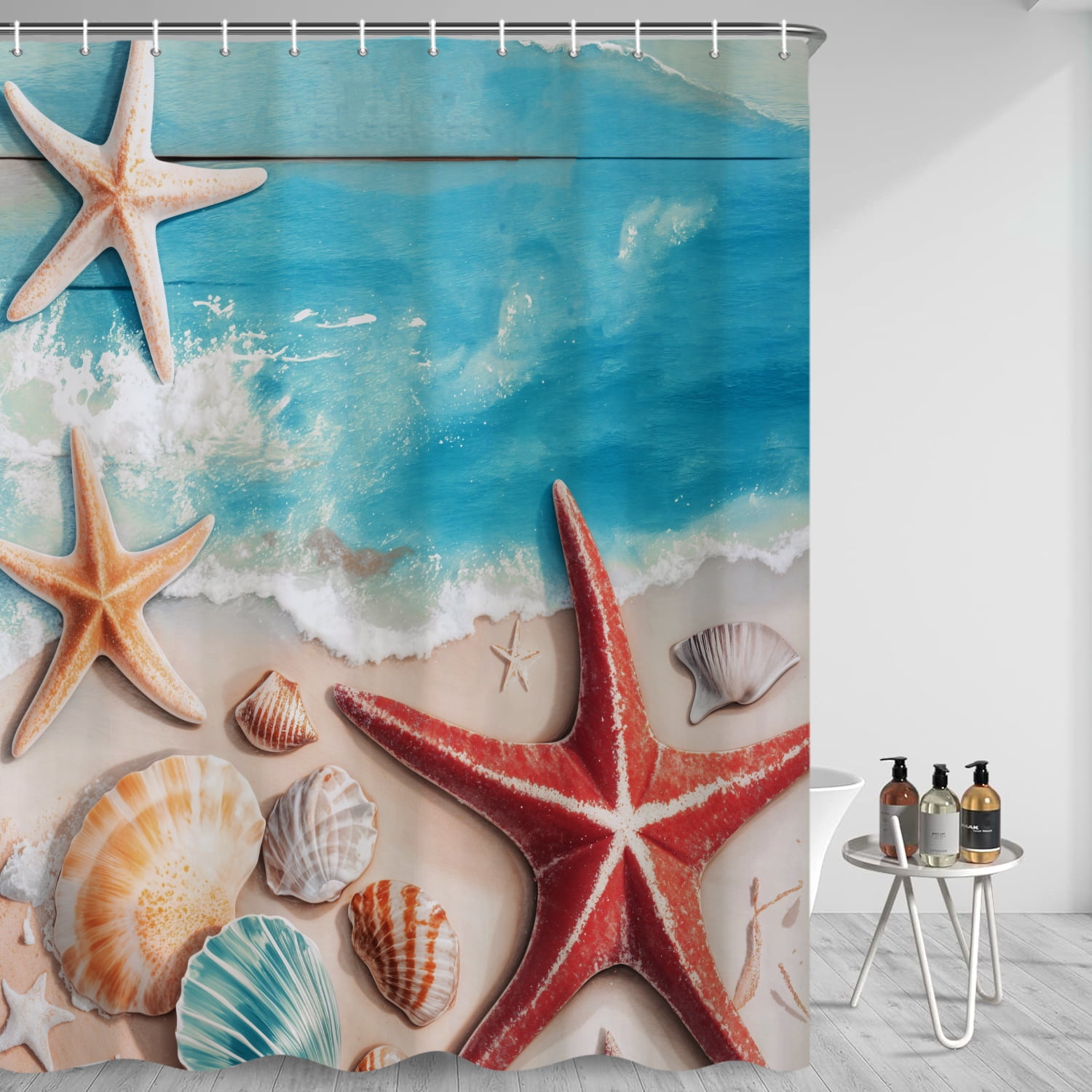SUNOLIFE Ocean Beach Theme Shower Curtain,Nautical Coastal Seashell Starfish Bathroom Curtain with Hooks,72x72 in
