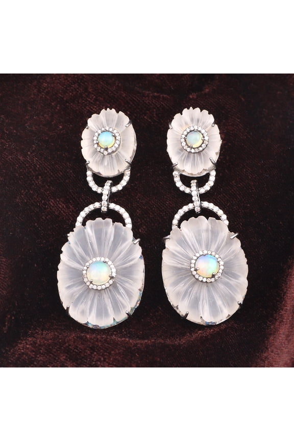 Natural Crystal Quartz Opal,Diamond Gemstone 925 Sterling Silver Earrings