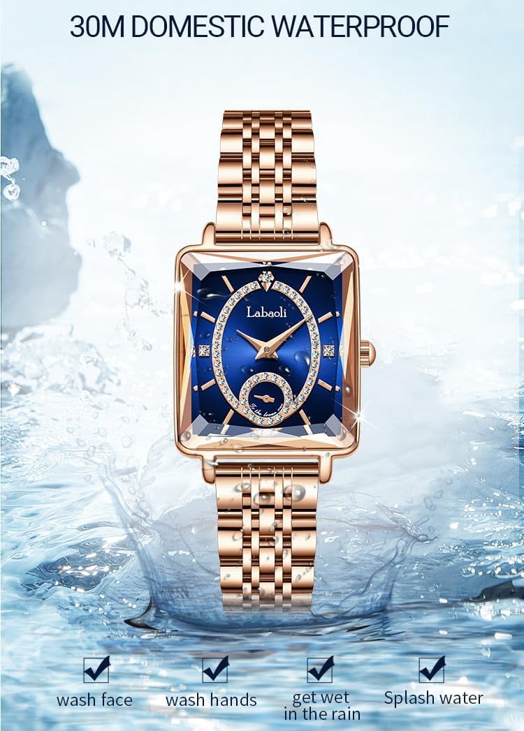 Watches for Women Rose Gold Square Stainless Luxury Fashion Diamond Analog Quartz Waterproof Dress Casual Small Simple Ladies Female Wife Gifts Gold Wrist Watch