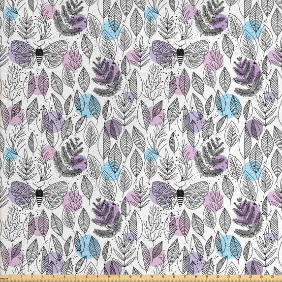 Leaves Upholstery Fabric by the Yard, Natural Elements Foliage Butterflies on Colorful Dotted Backdrop, Decorative Fabric for DIY and Home Accents, Lavender Pale Blue and Black by Ambesonne