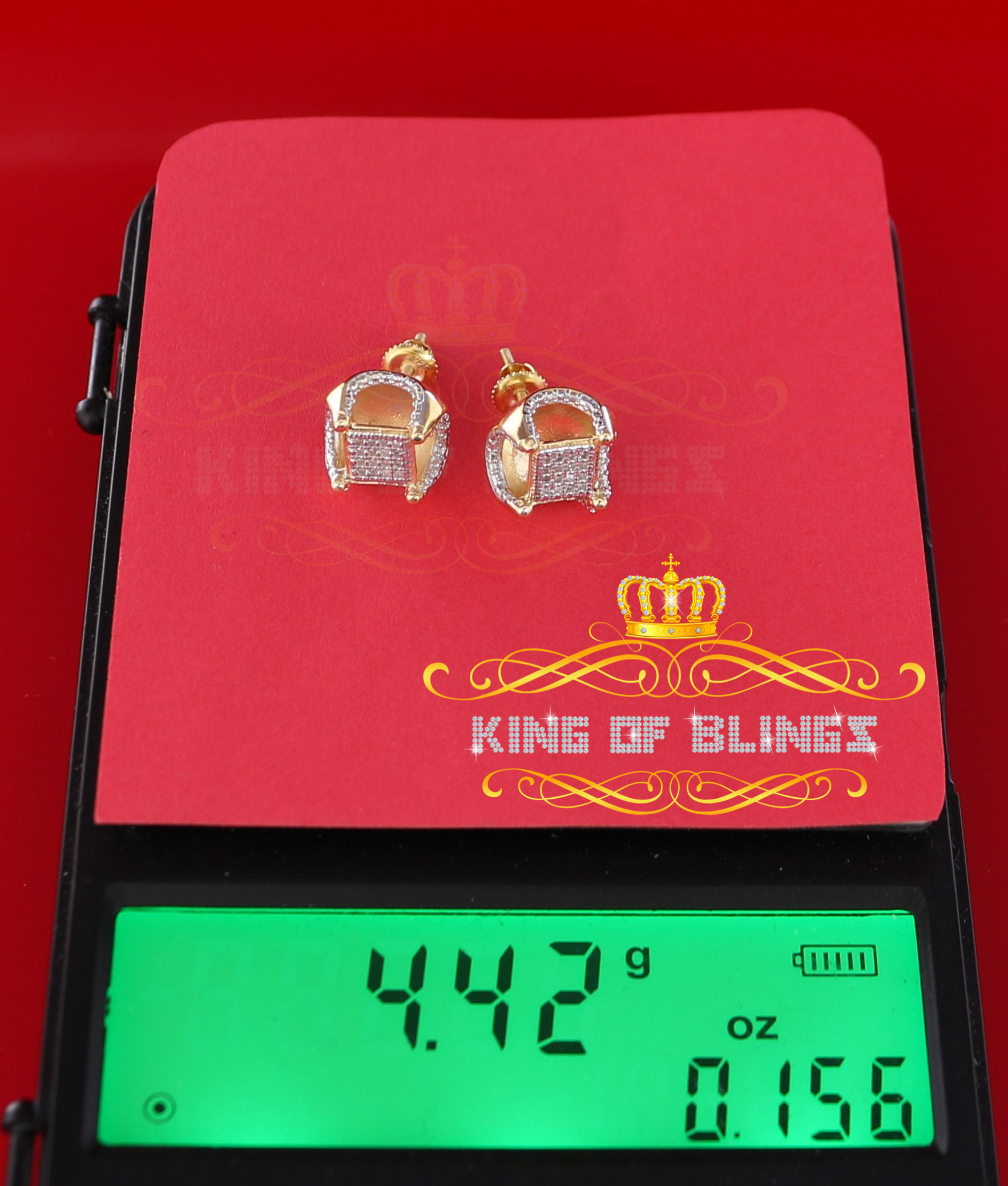 King of Bling's Women's 925 Yellow Sterling Silver 0.15ct Diamond Square Stud Men's Earrings