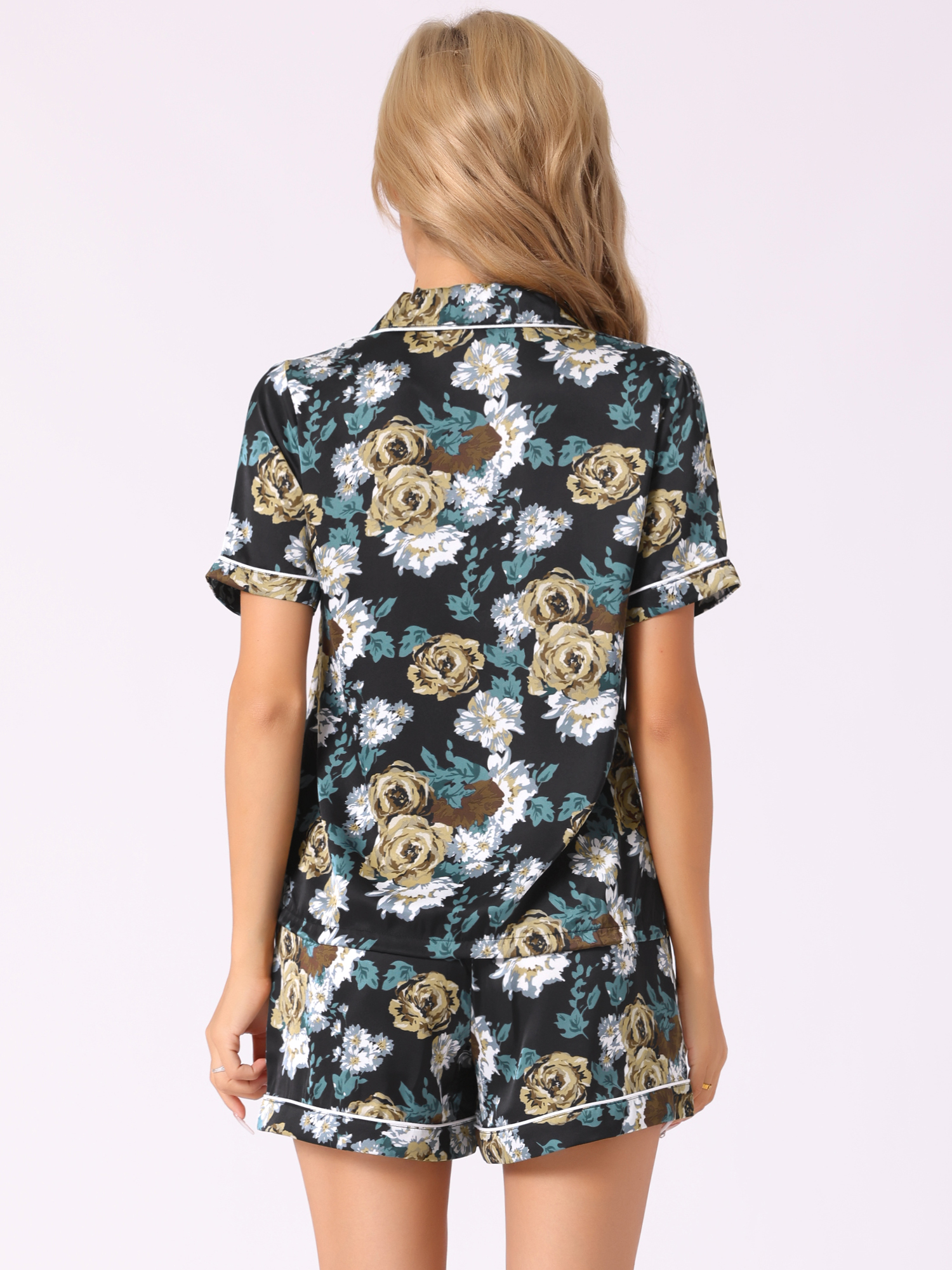 DARING DIVA Women's Hawaiian Shirt with Shorts Pajamas Set L Black Flowers