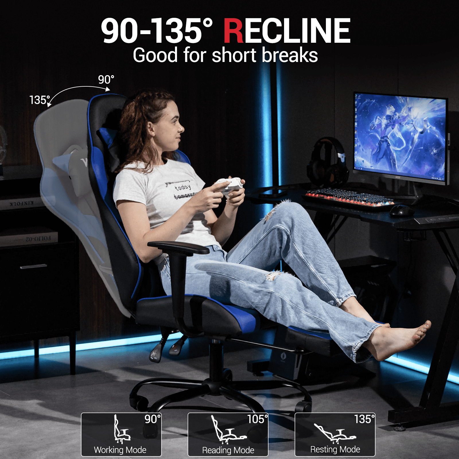 WENTUM Reclining Gaming Chair with Footrest, Massage Racing Office Chair, PU Leather Computer Desk Chair with Head Pillow for Adults, Blue