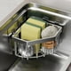 thumbnail image 4 of Cesta de almacenamiento de esponja de esquina para fregadero de cocina de acero inoxidable, estante de baño sin clavos, estante triangular sin agujeros, escurridor cuadrado de hierro gris y plateado., 4 of 6
