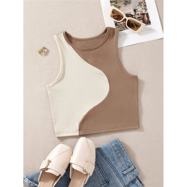 Camiseta sin mangas de retales de estilo pijo para mujer, Tops cortos ajustados sin mangas con cuello redondo de verano, ropa de calle Y2K, camiseta para bebé Tan Jianjun unisex