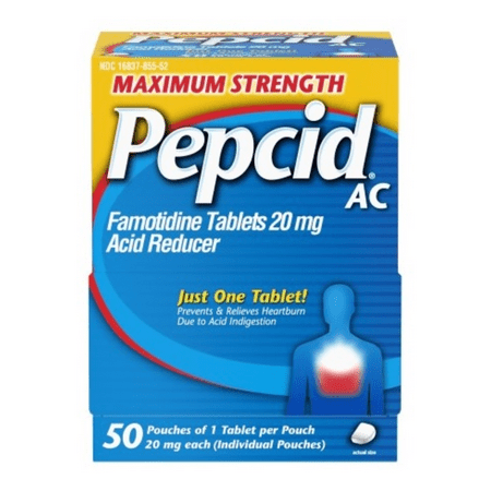 Pepcid AC Maximum Strength Heartburn Relief Tablets, Fast-Acting, Prevents & Relieves Heartburn Due to Acid Indigestion & Sour Stomach, 20mg of Famotidine Acid Reducer 50 Count (Box of 1)