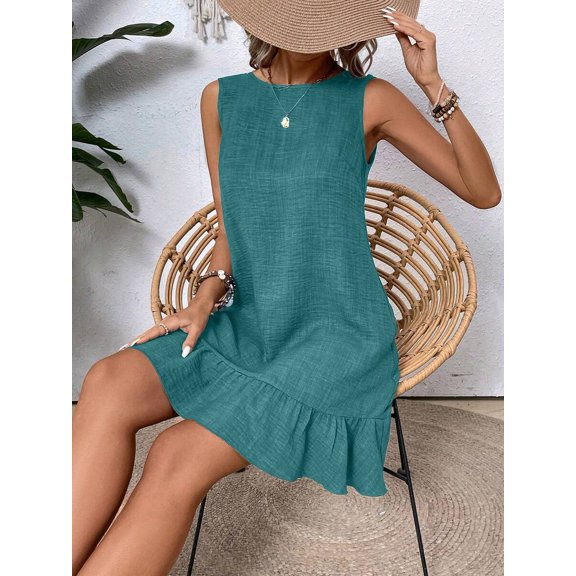 Teal Blue Solid Sleeveless A-Line Dress With Ruffle Hem For Casual Beach Or Daily Wear