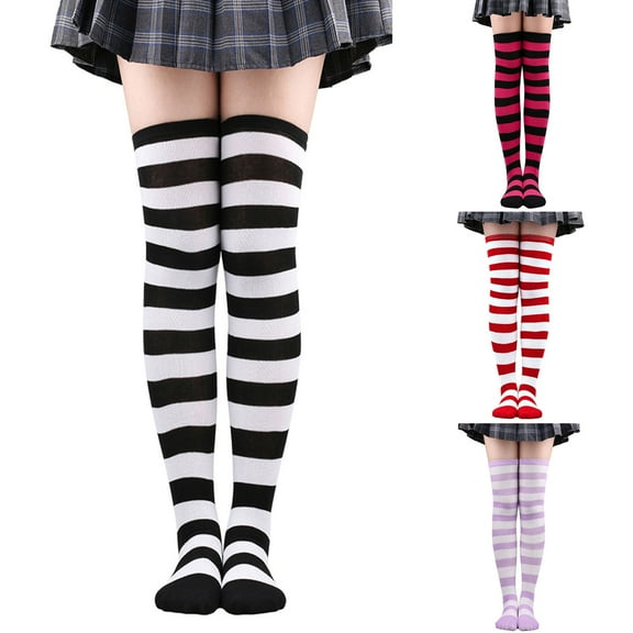 Helii Striped Knee High Socks for Women Over The Knee Thigh High Socks, Stretchy Horizontal Stripe Long Socks with Wide Cuff, Cute Retro Socks for School Daily Party Purple,One Size