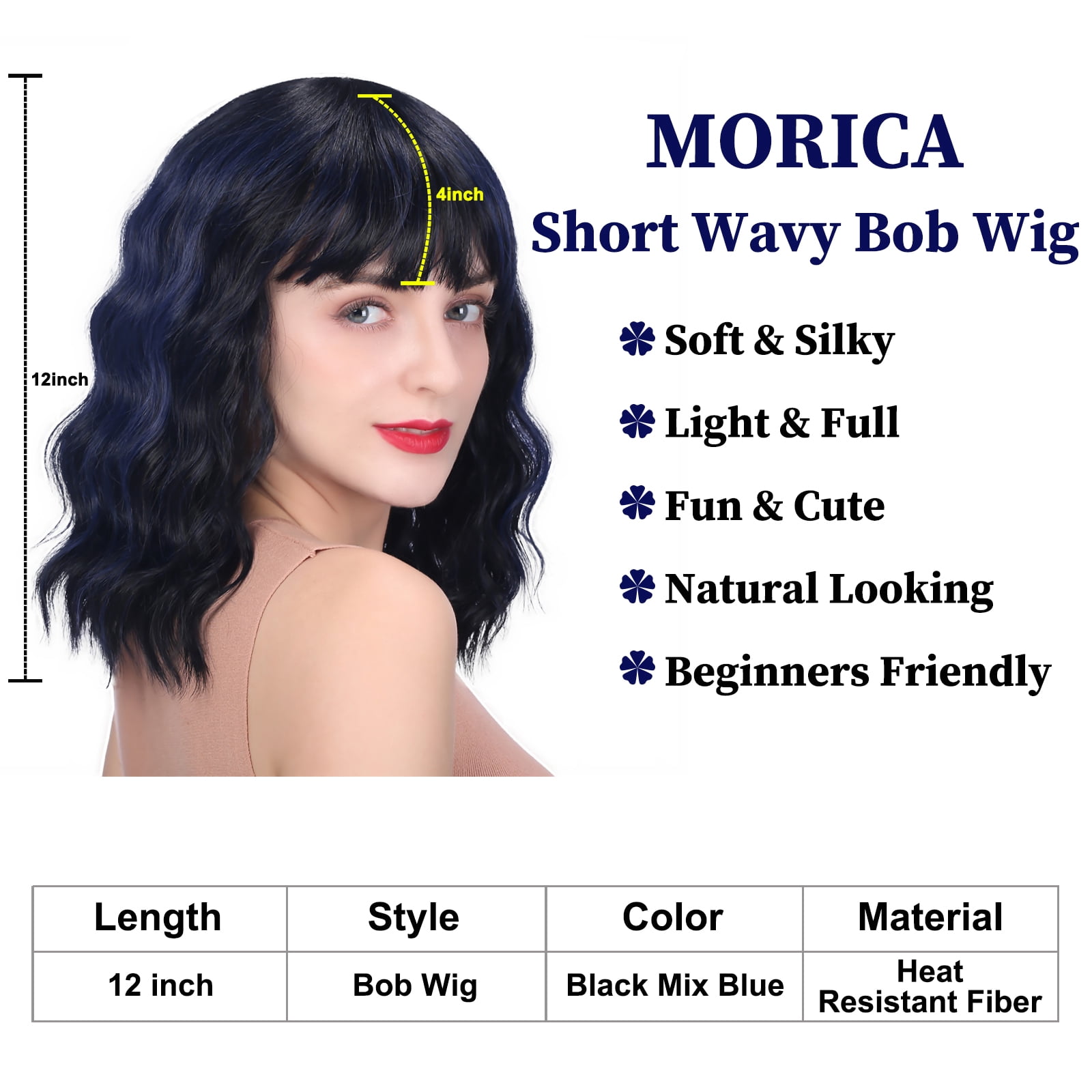 DAPRZIY Curly Bob Wig with Bangs 12 inch Short Wavy Black Mix Blue Wigs for Women Bang Wig Synthetic Wigs with Bangs