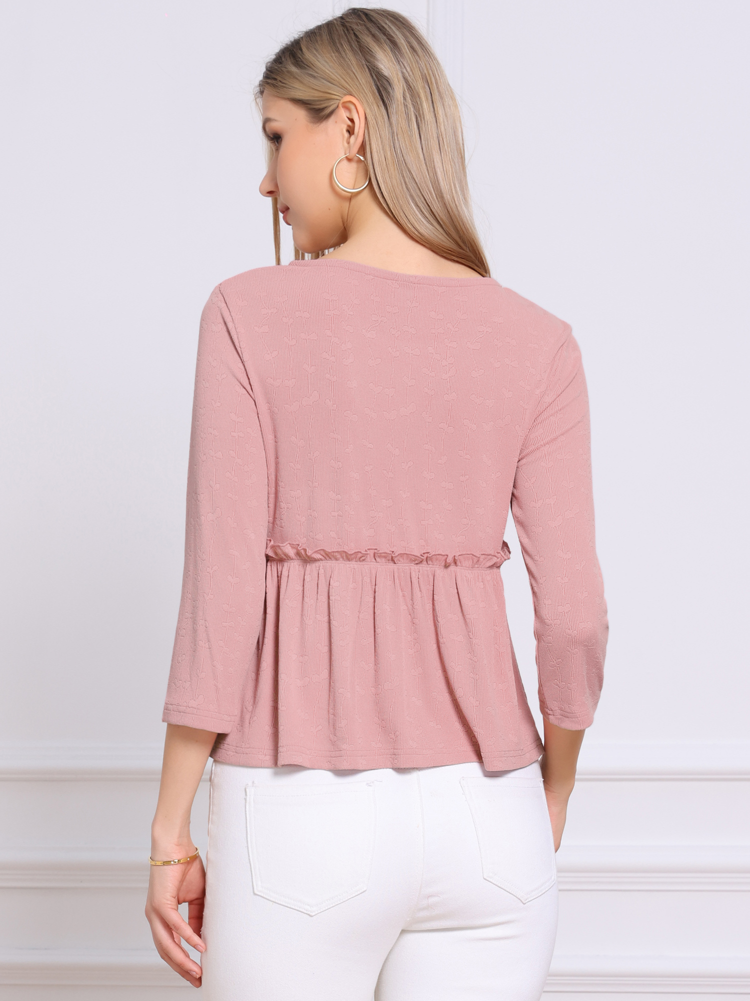 DARING DIVA Women's Peplum Crew Neck 3/4 Sleeve Ruffle Pullover Blouses S Pink