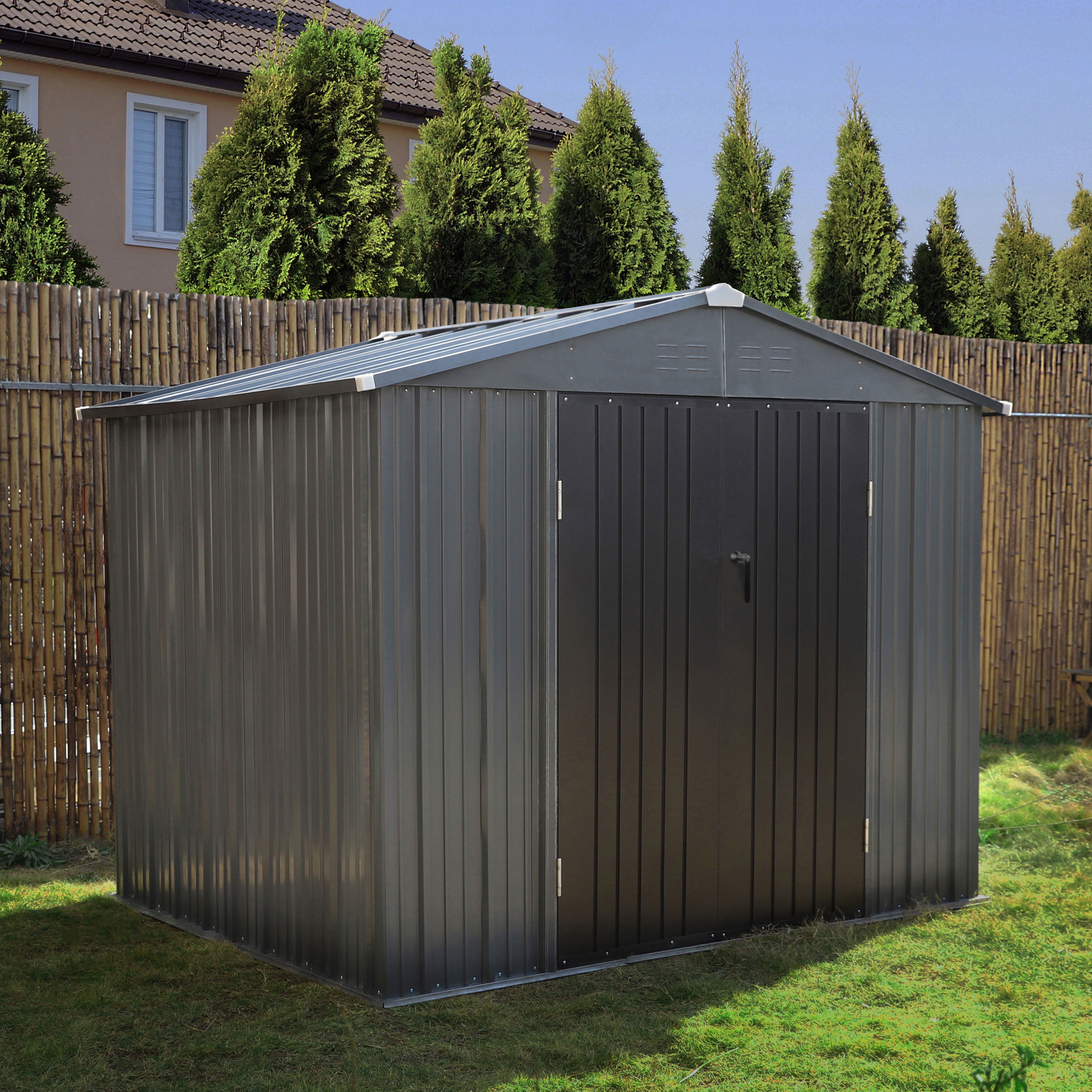 VEIKOUS 8ft x 8ft Outdoor Storage Shed, Galvanized Steel Storage House w/Lockable Sliding Door, Gray