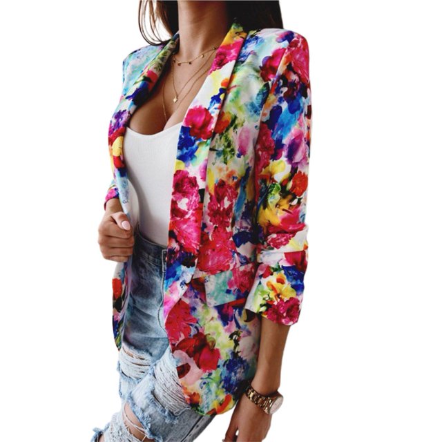 Women's Office Blazer Colorful Print Slim Fit Spring and Autumn Fake Pocket Floral Blazer