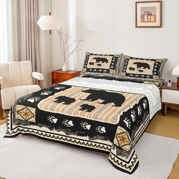 Feelyou Farmhouse Bear Print Queen Sheet Sets, Woodland Animal Flat Sheet, Teens Boys Girls Kids Queen Fitted Sheet, Lightweight Room Decor, 4 Pieces