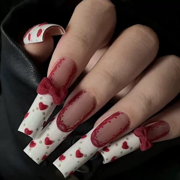 Press on Nails - Long Square Fake Nails with White French Tip, Acrylic Red Heart Design 24 pcs
