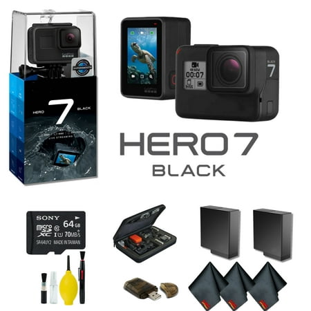 GoPro HERO7 Black Action Camera With Extra Battery, External Charger, 64GB Memory Card, Case Plus More - Extra Battery Bundle