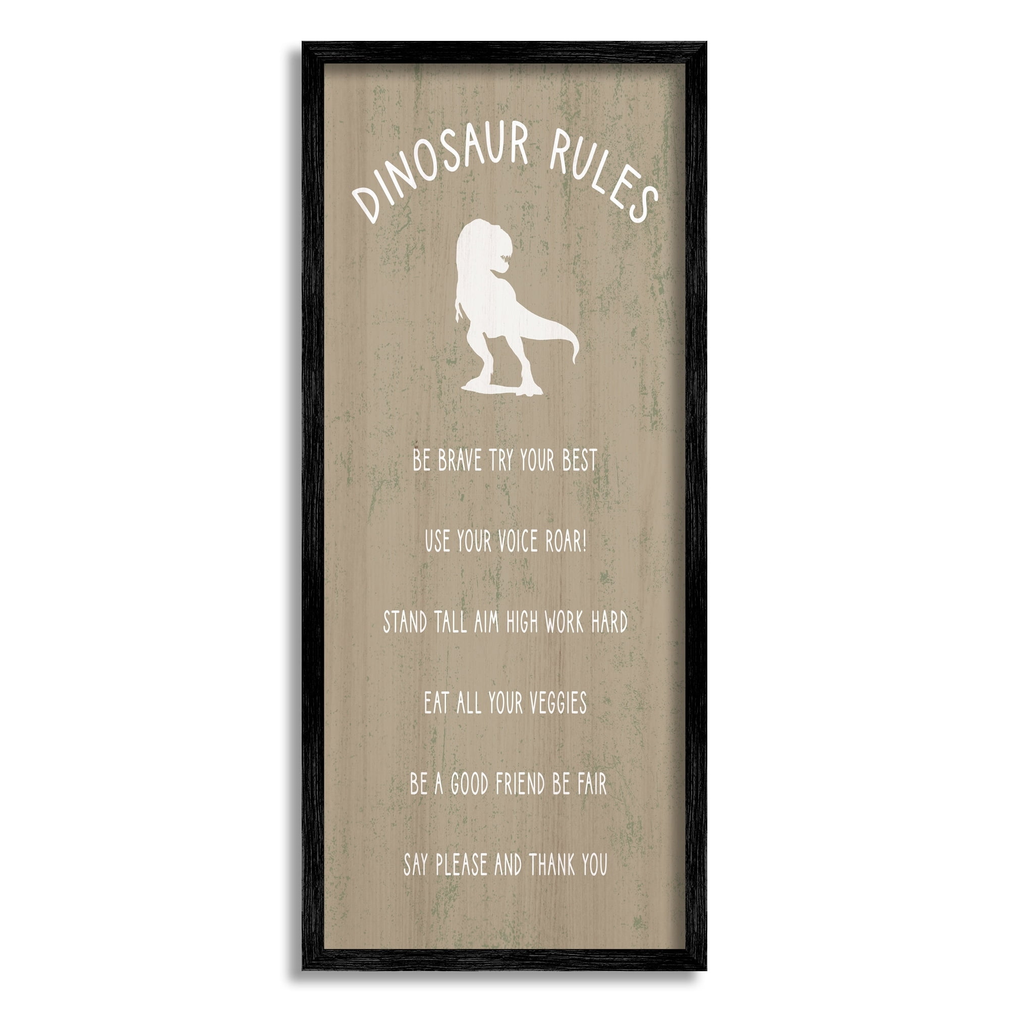 Stupell Industries Rustic Dinosaur Rules List of Motivational Phrases Inspirational Painting White Framed Art Print Wall Art, 13 x 30