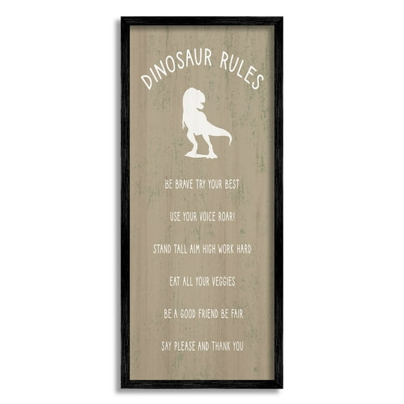 Stupell Industries Rustic Dinosaur Rules List of Motivational Phrases Kids Painting Black Framed Art Print Wall Art, 13 x 30, Design by Daphne Polselli