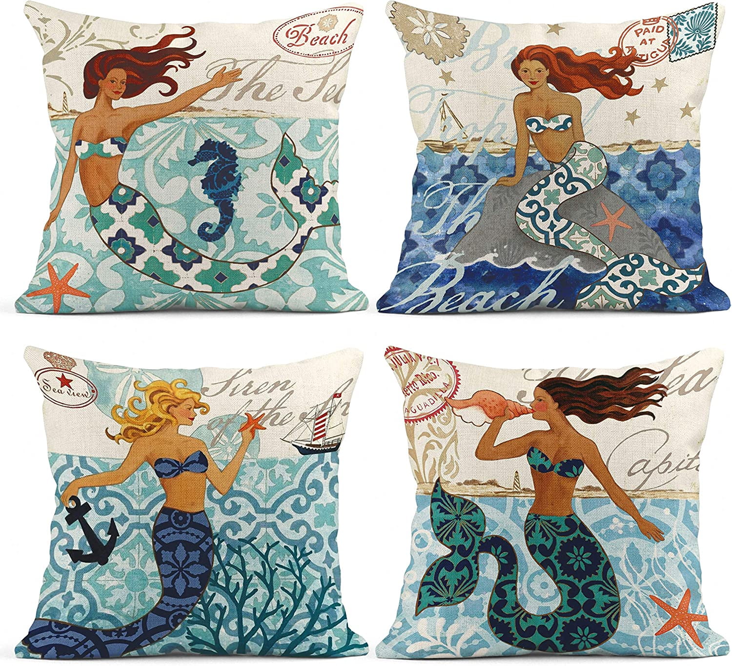 Linen Sea Mermaid Square Throw Pillow Case Sofa Home Bed Decor Cushion Cover 18" 