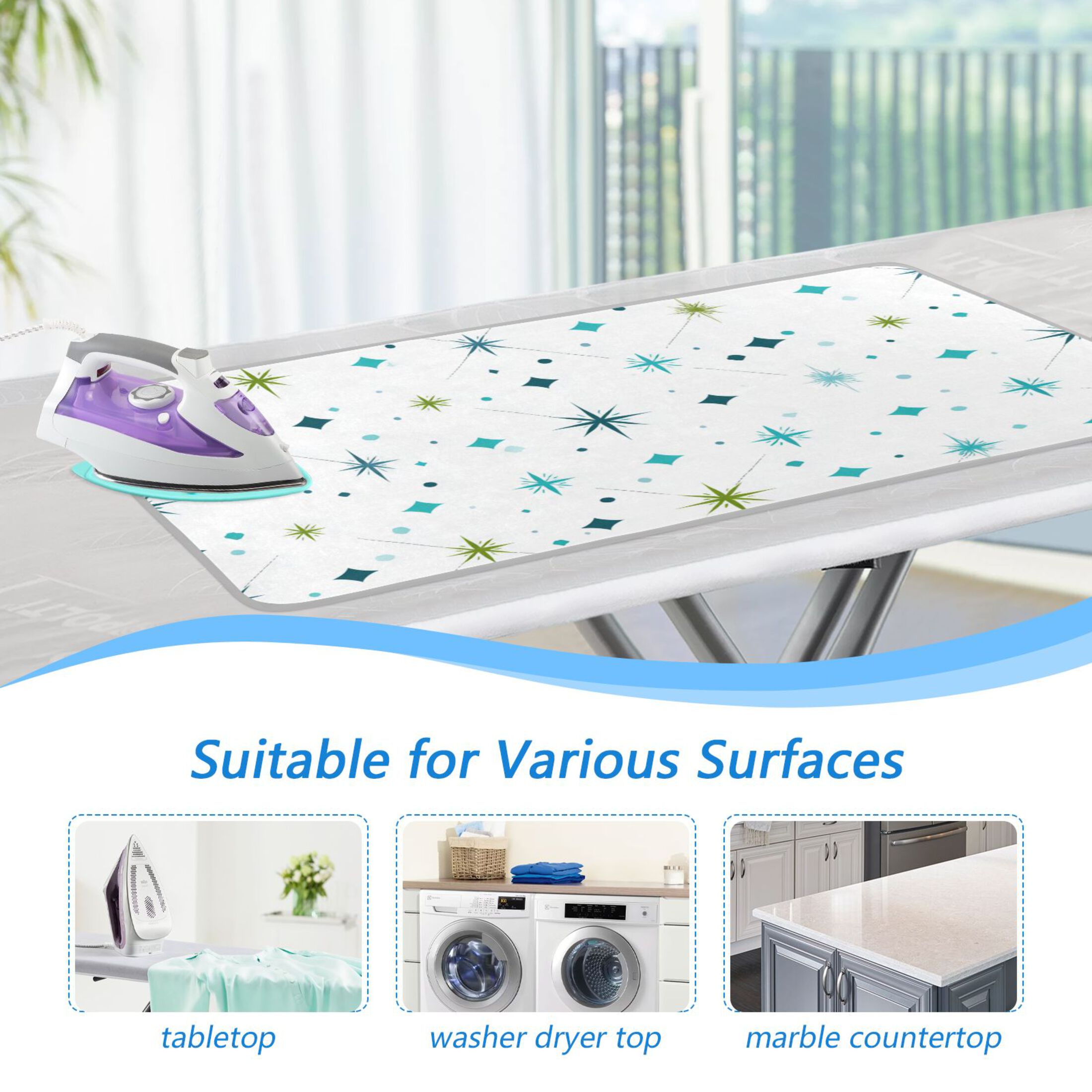Turquoise Stars Dots Patterns Ironing Mat Blanket Portable Travel Ironing Pad Heat Resistant Pad 47.2" x 27.6”