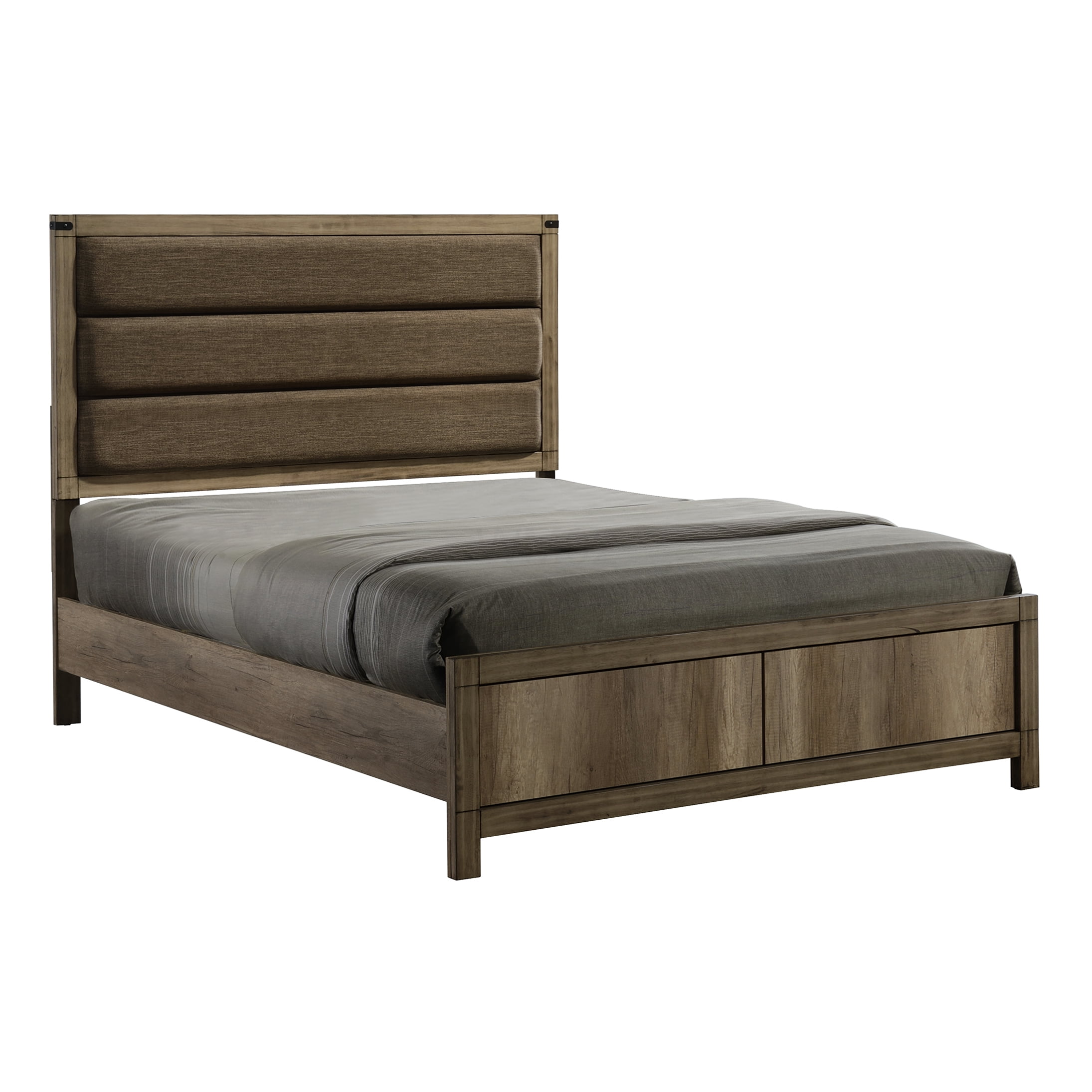 Modern Queen Bed Frame with Upholstered Headboard, Low Profile Platform Bed, Weathered Gray Wood Finish, No Box Spring Needed