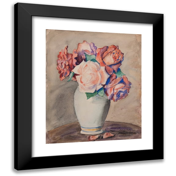 Jadwiga Gałęzowska 12x14 Black Modern Framed Museum Art Print Titled - Roses in a White Vase (1940s)