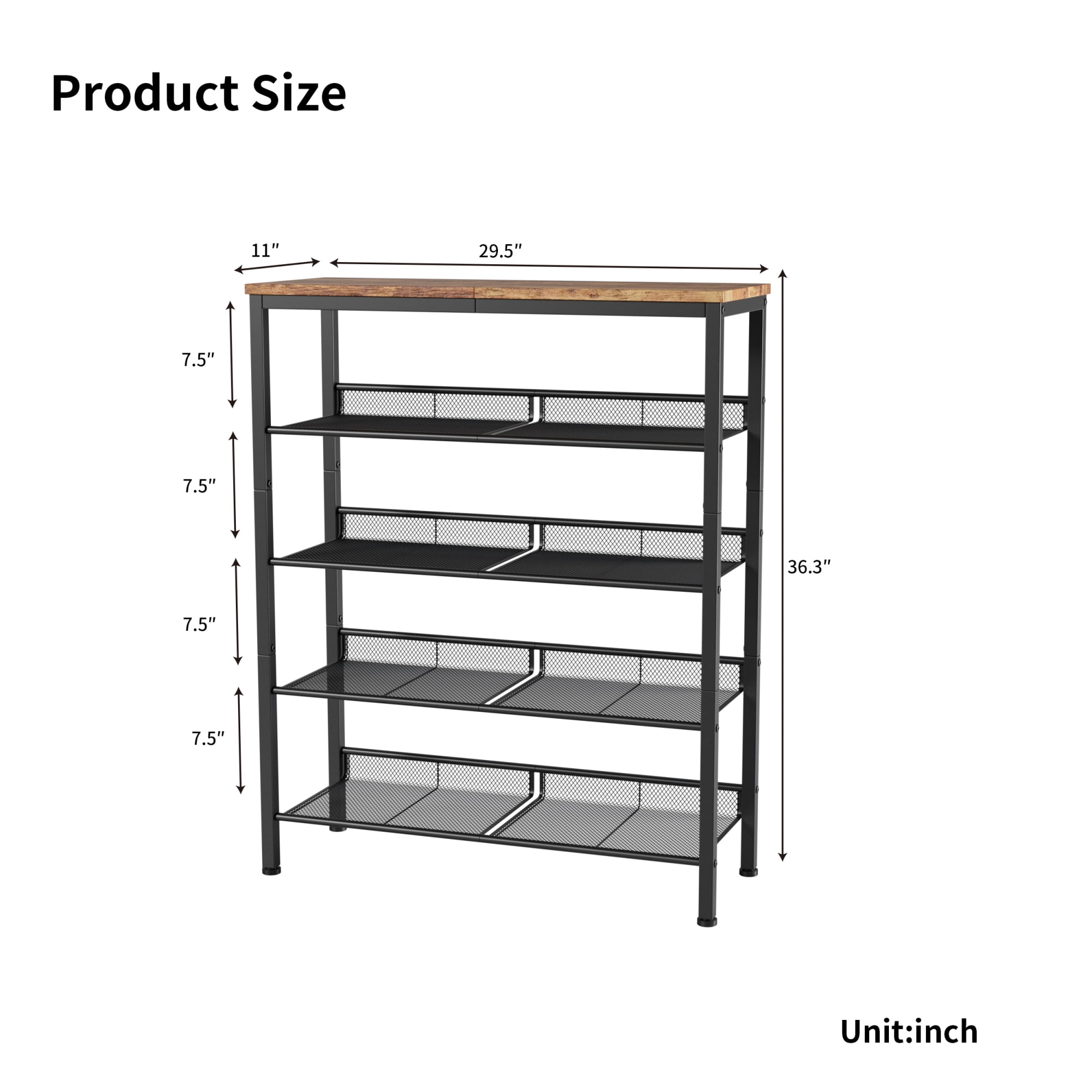 Leumius Adjustable 5-Tier Industrial Shoe Rack, Country Style Shoe Storage Organizer with 4 Mesh Shelves, Freestanding Shoe Rack for Entryway, Porch, Living Room and Bedroom