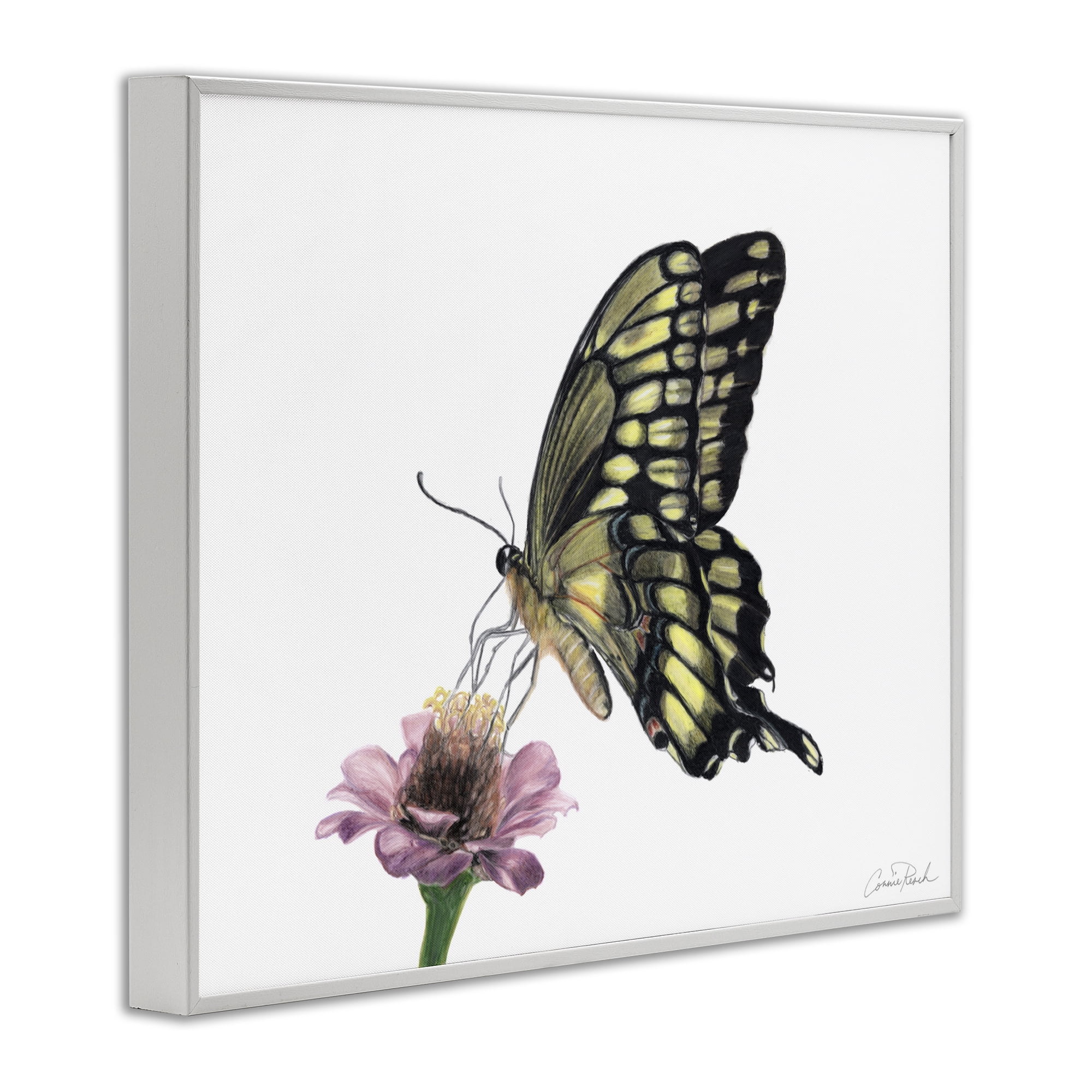 Stupell Industries Minimal Butterfly & Flower Animals & Insects Painting White Framed Art Print Wall Art, 30 x 24