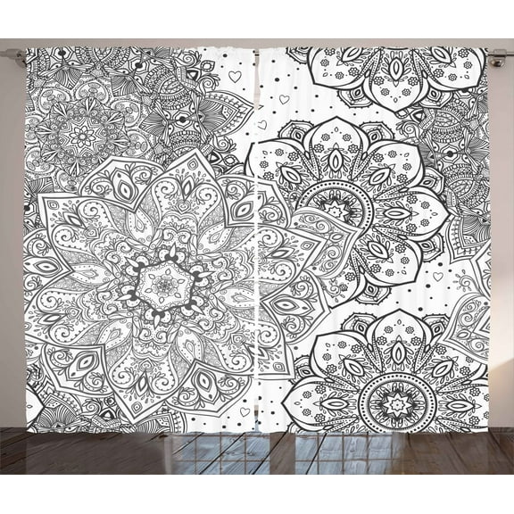 Ambesonne Mandala Curtains 2 Panel Set, Eastern Lace Floral Image, 108" x 63", White and Grey