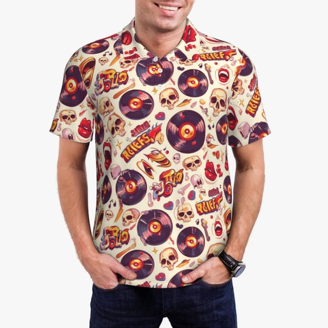 Balery rock music Skull record Camisa Polo de Hombre con Estampado, de Manga Corta y Tejido Medio, Camisa Tipo Golf Polo-X-Large