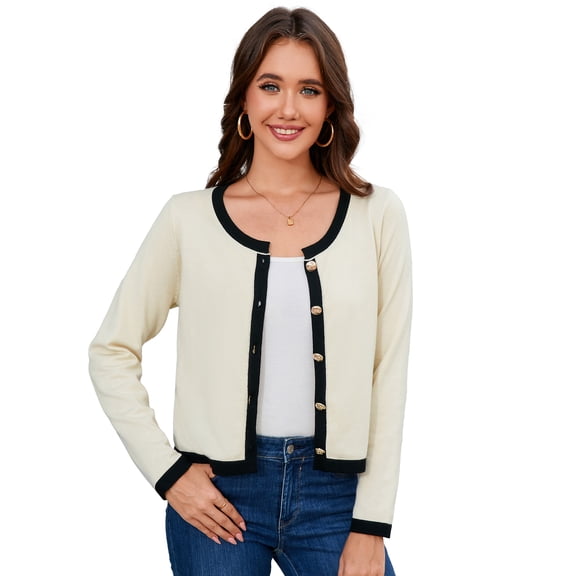 Yesfashion Women's Knit Cardigan Crewneck Metal Button Long Sleeve Lightweight Sweater Cardigans